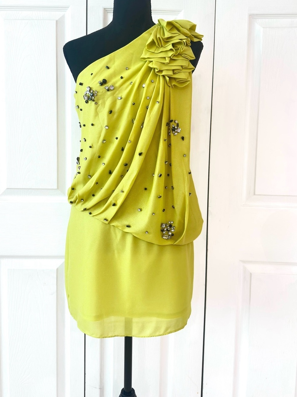 Ark & Co Chartreuse One Shoulder Rhinestone Ruffle Cocktail Mini Dress - Picture 13 of 14